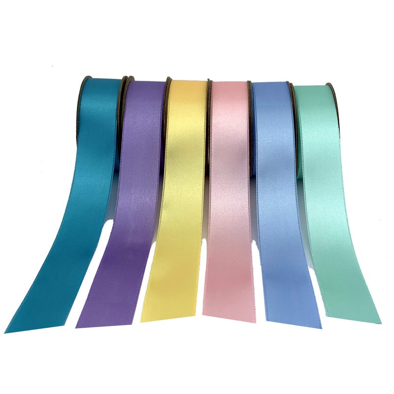 GiftWrap Etc. شريط زينة من قماش الساتان بألوان الباستيل - 1" × 10 ياردات، مجموعة من 6، 60 ياردة إجمالاً، وردي، أزرق فاتح، لافندر، تركواز، أصفر فاتح، زينة الربيع، إكليل، أربطة هدايا، ألوان باستيل، عيد الميلاد، عيد الفصح - Image 1